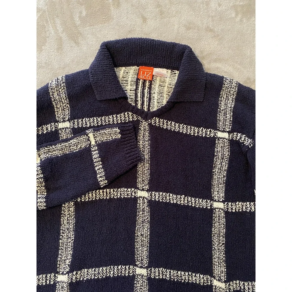 Vintage Liz & Co Sweater Womens Medium Navy Windowpane Tunic Classic Preppy‎